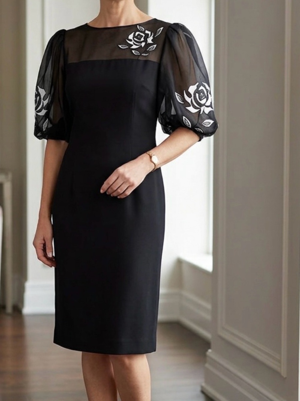 🆕🇨🇦 Vintage Black Formal Dress • White Beaded Floral Appliqué by Daymor Couture